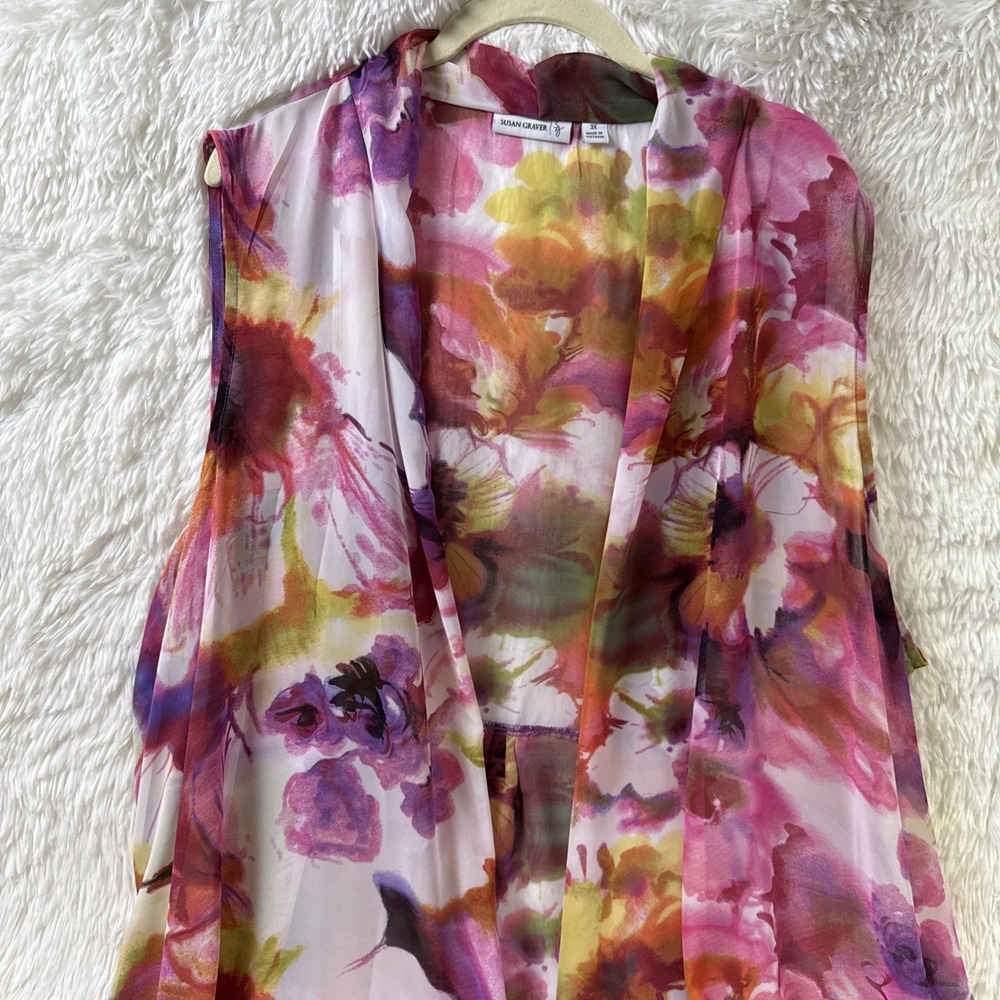 Susan Graver 3X Sheer Floral Kimono Open Front Sleeveless Boho Watercolor - Picture 3 of 10